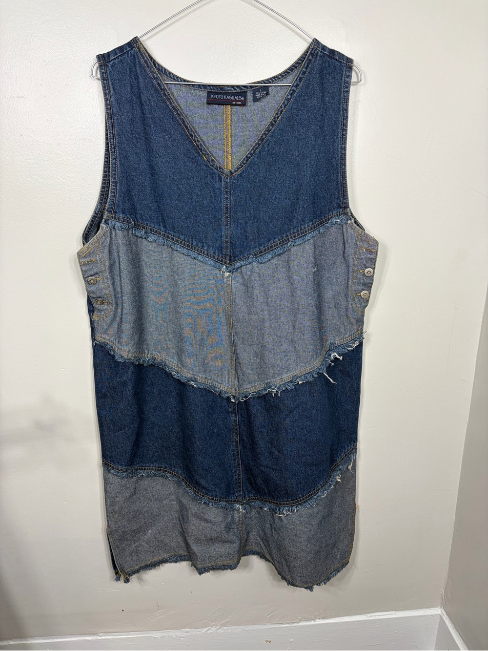 Vintage Kyoto Kasuals Patchwork Denim Jumper Dress L V-Neck Raw Hem 90s Y2K Boho